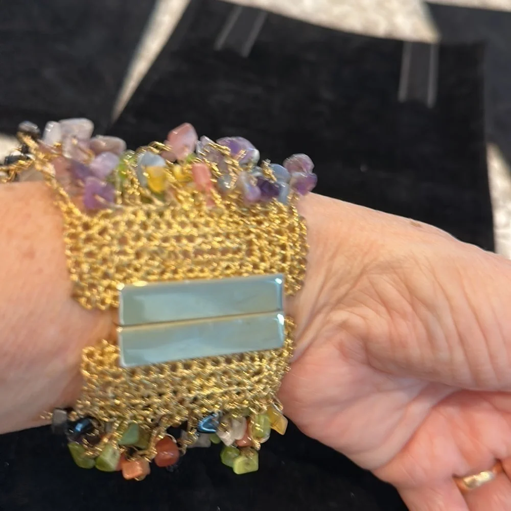 SALE: Bracelet Multi-colored natural stones strung on gold woven wire. 4” wide